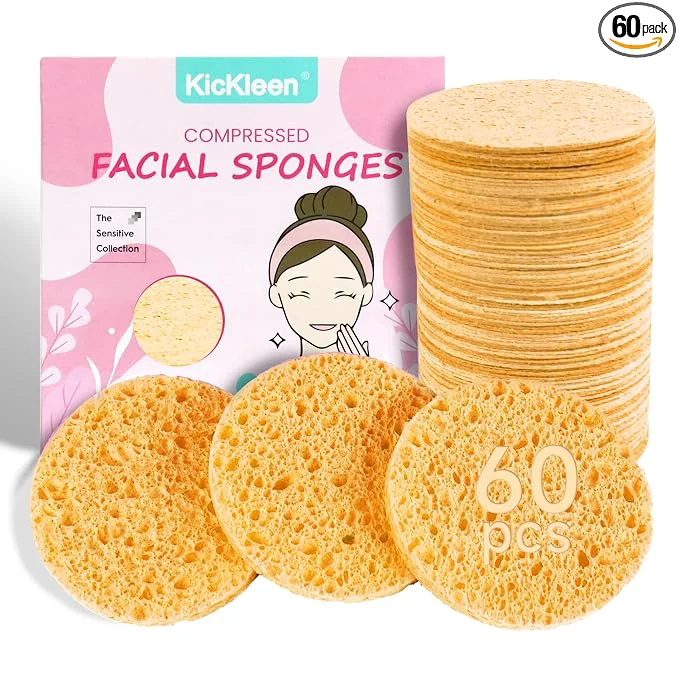 Selected 60-Count Compressed Facial Sponges Natural Kickleen Cellulose Cosmetic Spa Modern