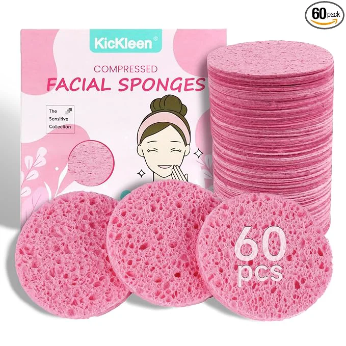 Enhanced 60-Count Compressed Facial Sponges Natural Kickleen Cellulose Cosmetic Spa Versatile