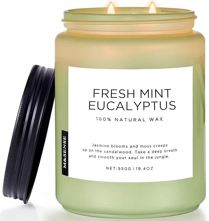 Superior M SENSE Eucalyptus Mint Scented Jar Candle Large 19.4oz Natural Soy Wax Reusable