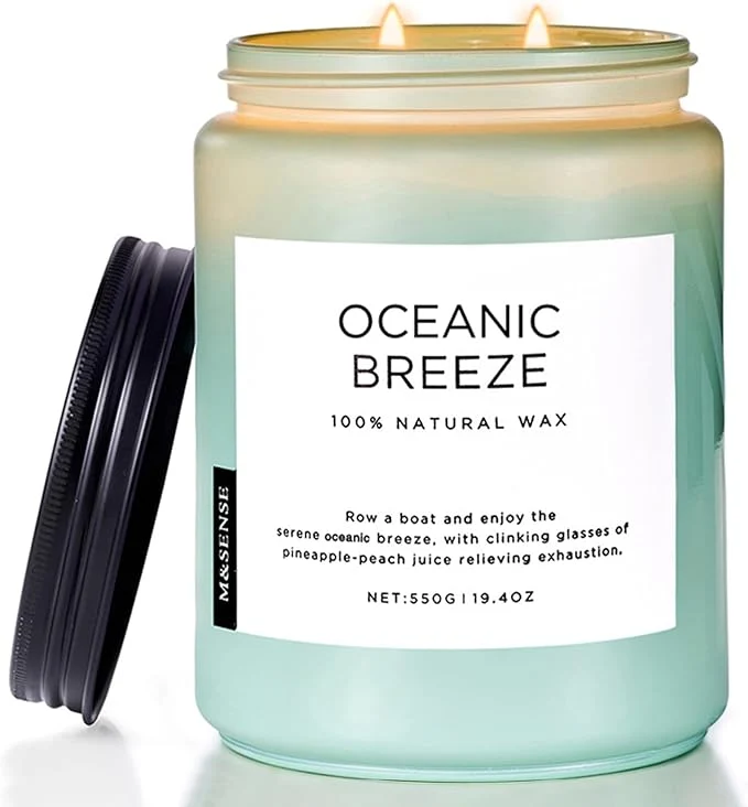 Reusable M SENSE Candle Oceanic Breeze Scented 19.4oz 110 Hour Long Lasting 2 Wick Practical