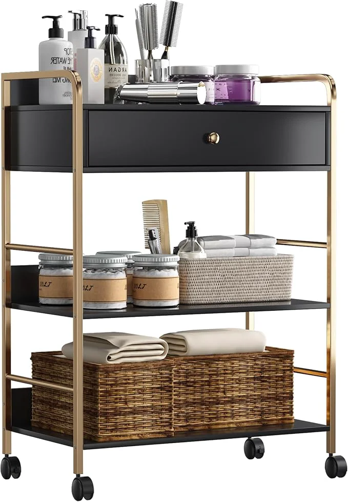 Sustainable Salon Rolling Trolley with Lockable Wheels Barber Cart with Storage Drawer Breathable