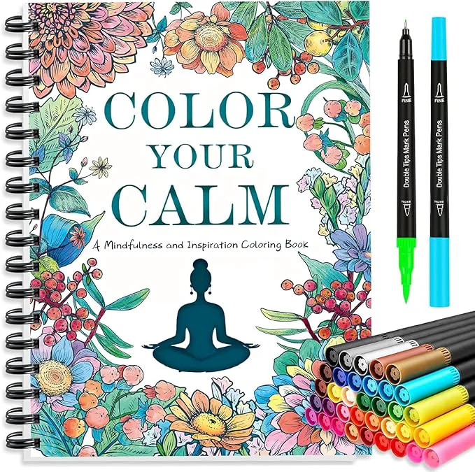 Breathable Coloring Books for Adults with 36 Dual-Tip Markers 30 Patterns Positive Quotes Long-Lasting