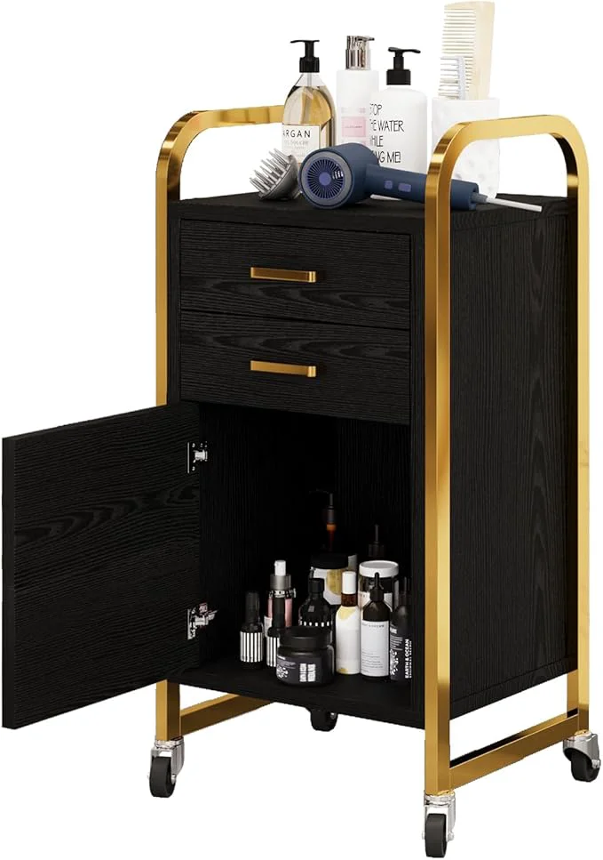 Easy-to-Use 4ever2buy Black and Gold Salon Trolley Cart Excellent