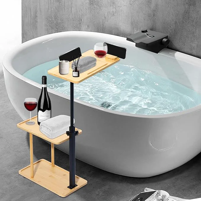 Environmentally Friendly 3 Layer Bath Tub Tray Table Liftable standing Bamboo Bath Tray Caddy Minimalist