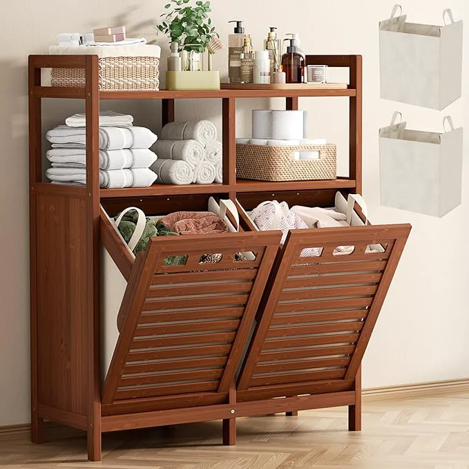 Smooth Homykic Tilt Out Laundry Hamper Cabinet Bamboo Double Laundry Hamper Breathable