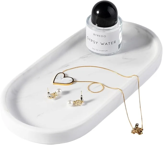 Eco-Friendly Koville White Marble Oval Tray for Bathroom Countertop Stone Perfume Organizer Secure