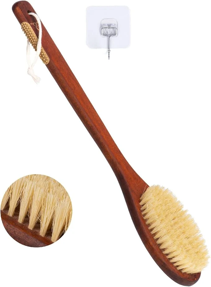 Smooth Wooden Bath Brush with Stiff Sisal Bristles Long Handle Durable