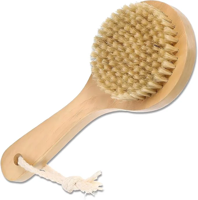 Excellent Dry Bath Body Brush with Short Handle Natural Bristles Back Scrubber Classic