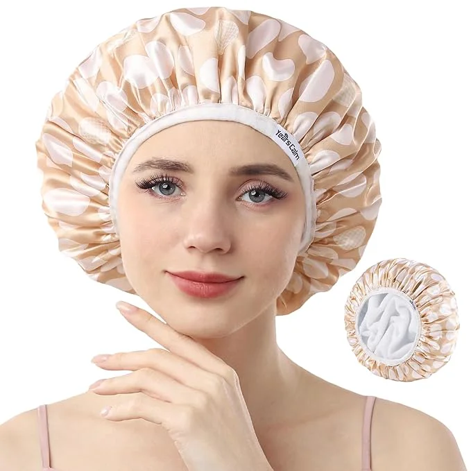 Unique Years calm Terry Lined Shower Cap Triple Layer Heart Motifs Waterproof Quality