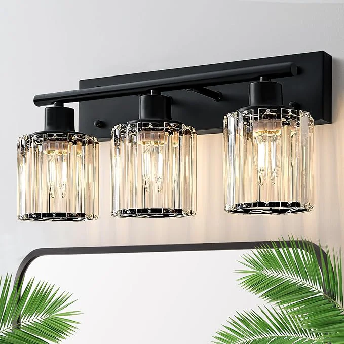 Green Vanity Light 3-Light Modern Crystal Black Bathroom Light Optimized