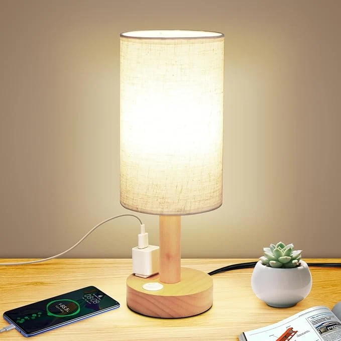 Exclusive Small Bedside Table Lamp with AC Outlet Natural Round Wood Base Fabric Linen Original