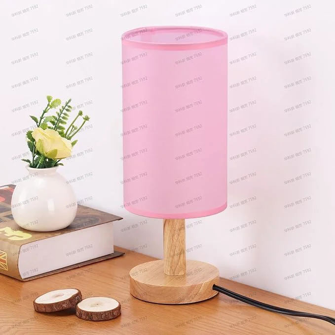 Original Design Pink Small Bedside Table Lamp for Bedroom Natural Round Wood Base Fabric Linen Environmentally Friendly
