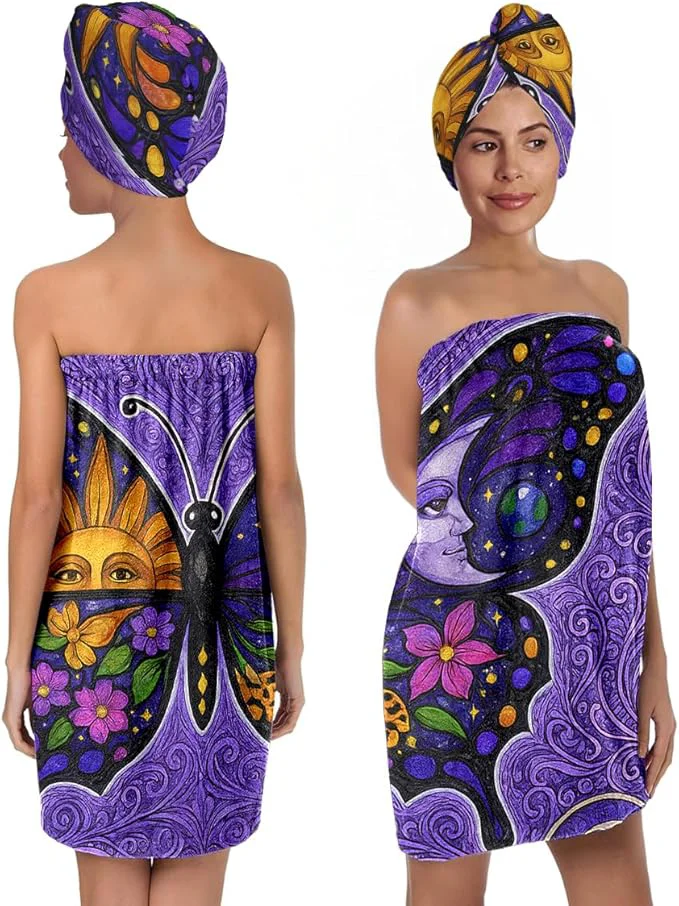 Advanced Women’s Boho Butterfly Towel Wrap and Hair Drying Cap Set – Celestial Moon Sun Comfortable