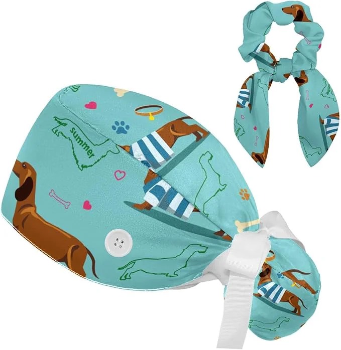 Secure Adjustable Brown Dachshund Dog Blue Surgical Scrub Cap Sophisticated