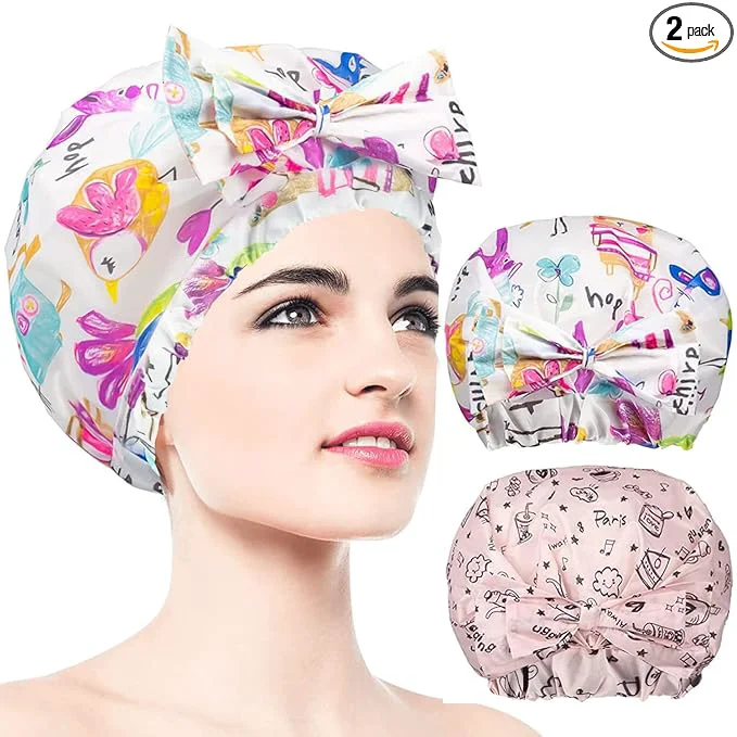 Trendy 2 PCS Shower Caps Reusable Extra Large Adjustable Double Layer Recyclable