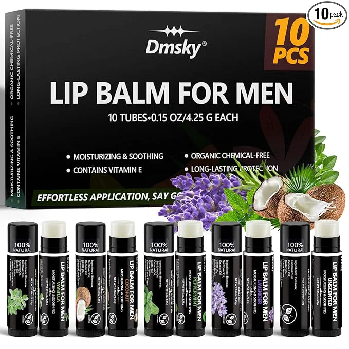 Crafted 10 Pack Lip Balm for Men Hydrating Natural Chapstick Bulk Vitamin E and Beeswax Stylish
