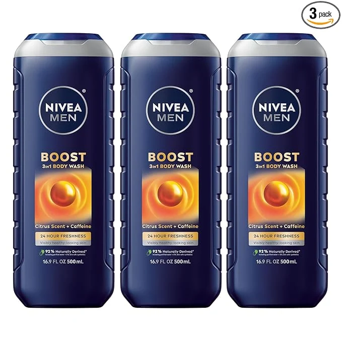 Long-Lasting NIVEA MEN Boost Body Wash Citrus Scent and Caffeine Enriched 3-in-1 Men’s Smooth
