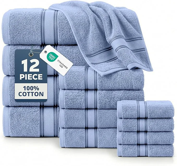 Sustainable LANE LINEN Premium Bath Towel Set of 12 – Cotton Towels Secure