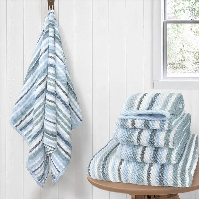 Solid Cotton Blue Striped Luxury 6 Piece Towel Set Quick Dry Highly Absorbent Practical