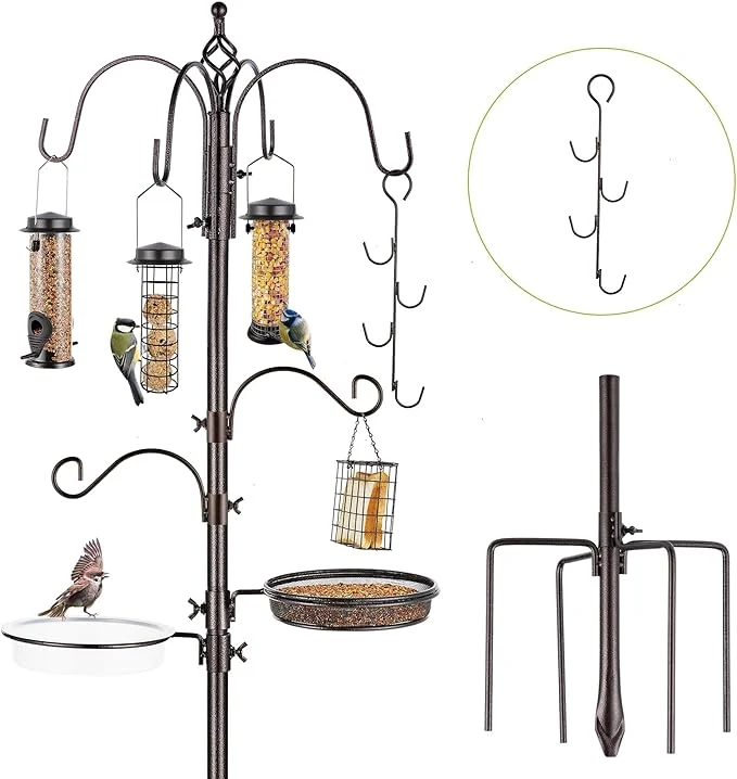 Sustainable Bird Feeder Station with Suet Cage Water Bowl Fruit Hook- Adjustable Pole Contemporary