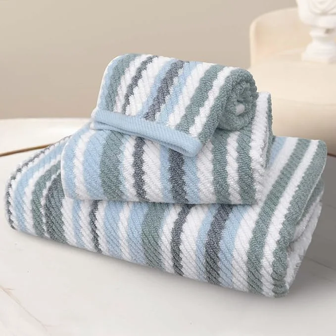 Traditional Blue Striped Towels Set of 3 Cotton Quick Dry Soft Absorbent Luxury Casual