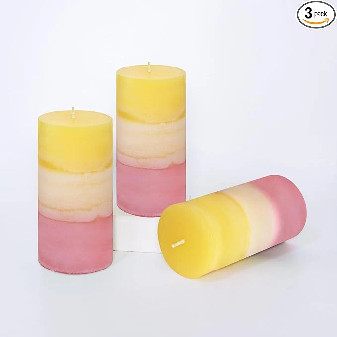 Fine Sweet Honeysuckle Scented 3×6 Inch Pillar Candles Yellow White Pink Layered Safe