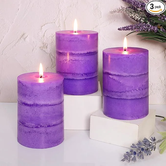 Natural 3 x 4 Handmade Pillar Candles Lavender Scented Purple Decorative Modern Clean