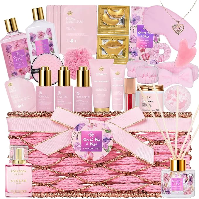 Expertly Made 35 Pcs Mothers Day Gifts for Mom Rose Bath Body Gift Basket for Women Versatile