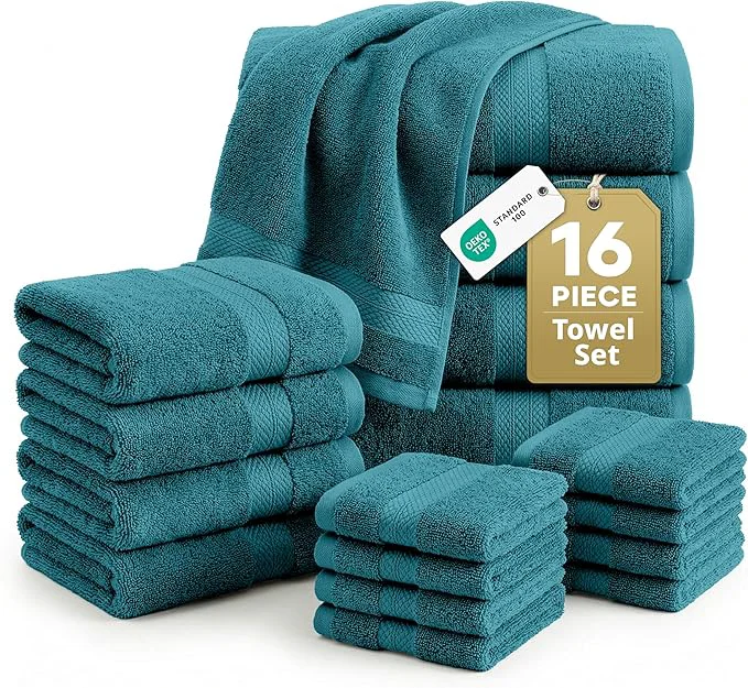 Long-Lasting LANE LINEN Luxury Cotton Bath Towel Set of 16 Certified