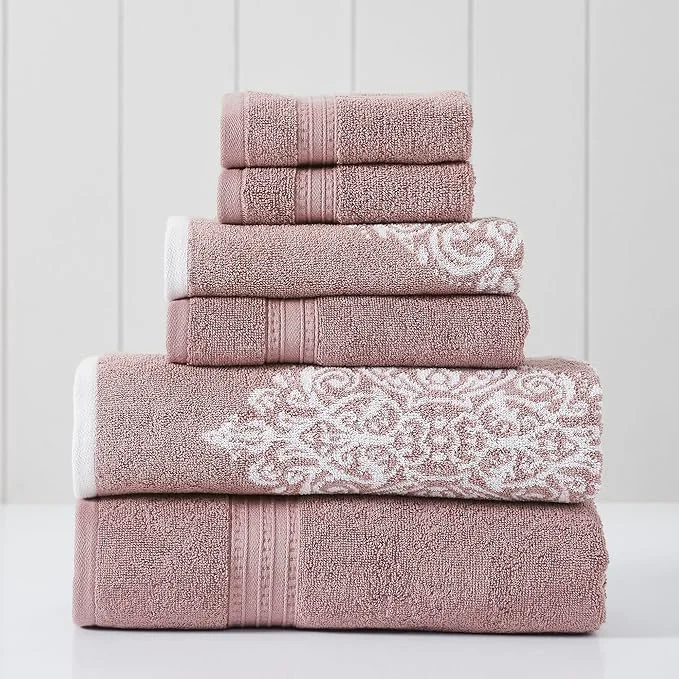 Detailed Modern Threads 6 Piece Reversible Yarn Dyed Jacquard Towel Set Artesia Damask Pure