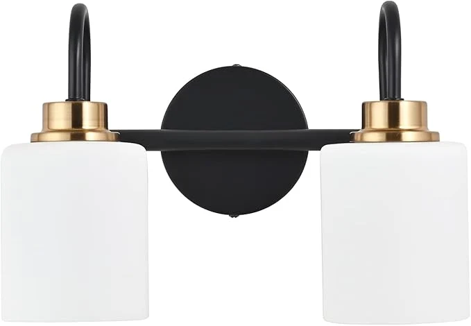 Fine Crafted Modern Matte Black and Gold Bathroom Vanity Light Fixtures 2 Lights Milky Glass Functional