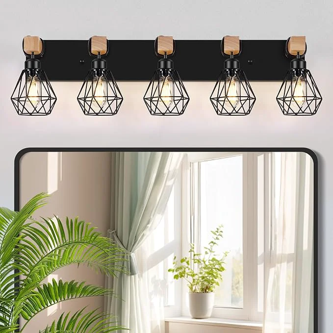 Convenient FadimiKoo 5-Light Farmhouse Wood Wall Sconces Lighting Rustic Bathroom Wall Contemporary