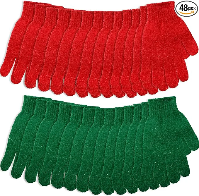 Fast 48 Pcs Red and Green Exfoliating Gloves Shower Gloves Bulk Christmas Stocking Responsible