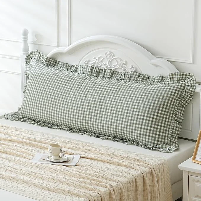 Fast Green White Plaid Ruffled Body Pillow Sham Washed Cotton Shabby Checkered Genuine