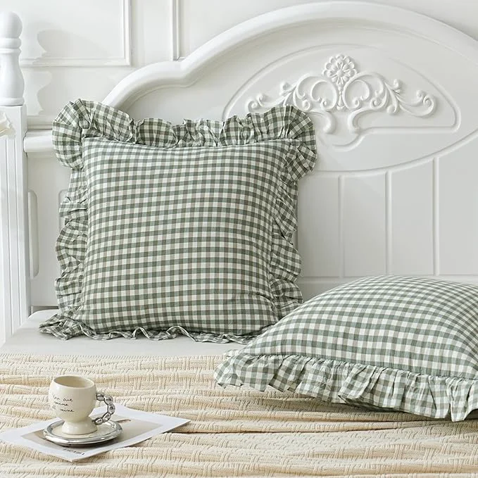 Versatile 2 Pack Sage Green White Plaid Ruffle Euro Shams Pillow Covers 26×26 inches Lightweight