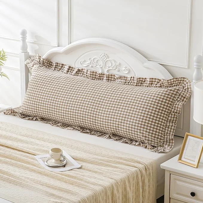 Organic Taupe White Plaid Ruffled Body Pillow Cover Washed Cotton Farmhouse Checkered Natural