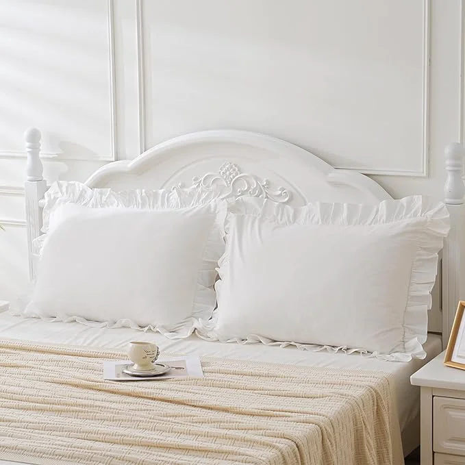 Modern Shabby Off White Ruffle Pillow Shams Standard Size Set of 2 Washed Cotton Minimalist