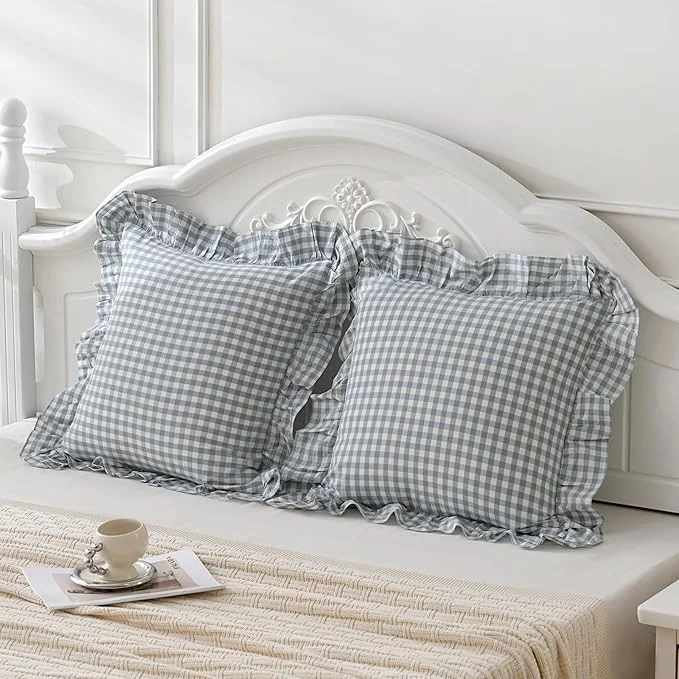 Easy-to-Use Blue White Plaid Euro Pillow Shams Ruffle Pillowcases Set of 2 Shabby Practical