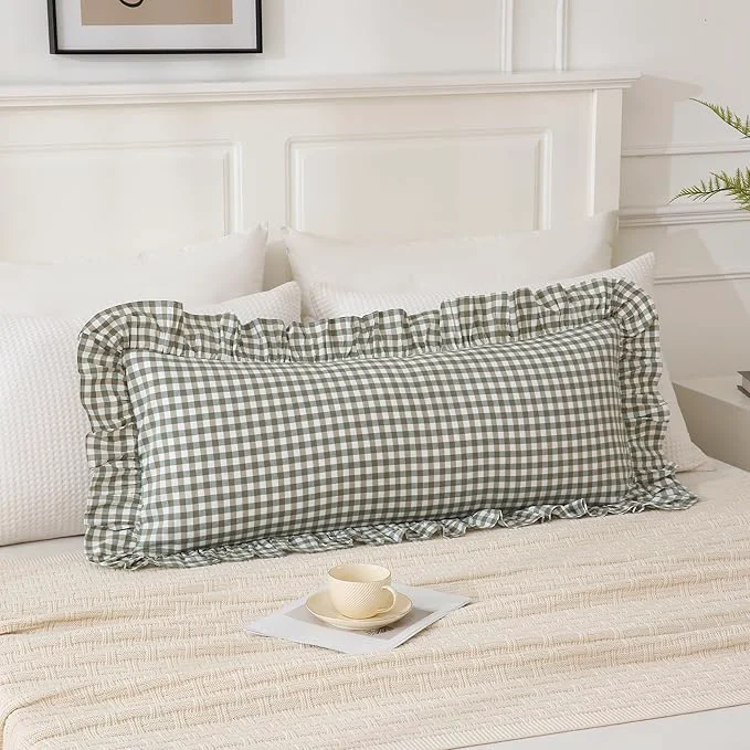 Eco-Friendly 14×36 inches Sage Green Plaid Ruffle Lumbar Pillow Sham 1 Piece Pure Cotton Secure