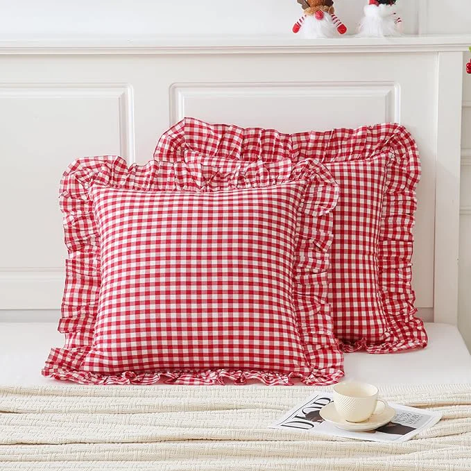 Smooth 2 Pack 26×26 inches Red White Gingham Pillow Cover Washed Cotton Ruffled Organic