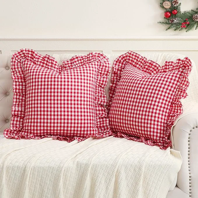High-Performance 2 Pack Red White Plaid Ruffled Throw Pillow Sham 20 x20 inches Washed Cotton Breathable