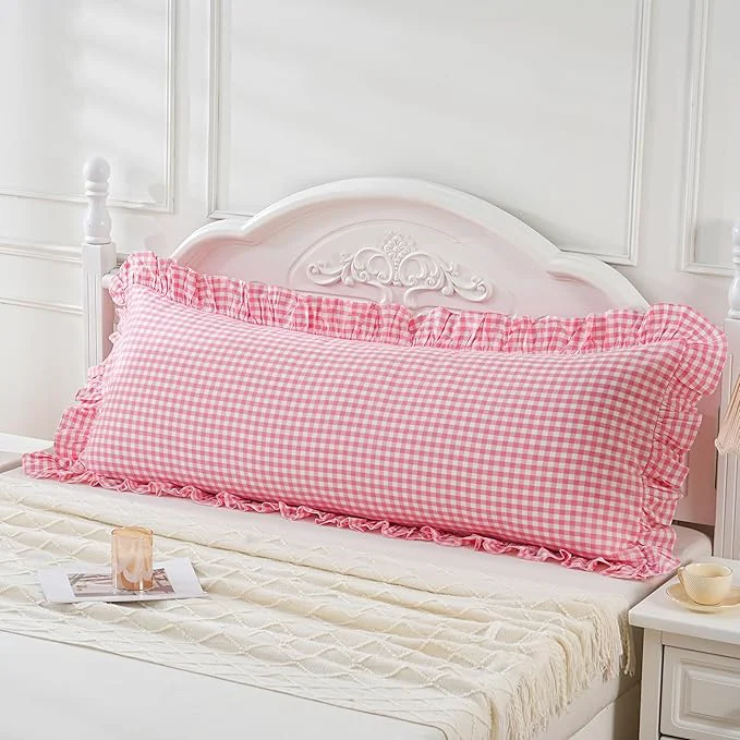 Smart Pink White Gingham Body Pillow Sham 20×54 inches Washed Cotton Ruffled Fine Crafted