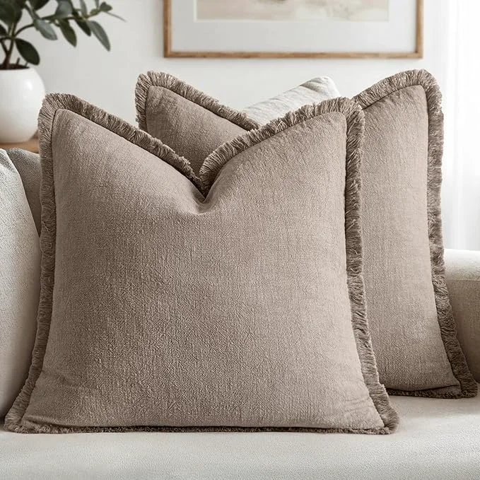 Exclusive MIULEE Decorative Throw Pillow Covers Neutral Linen Fringe Throw Pillows Euro Responsible