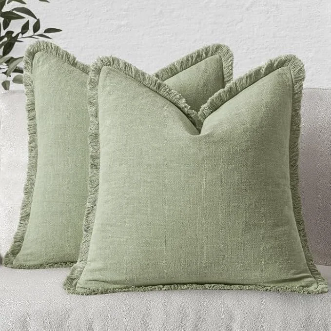 Effective MIULEE Decorative Throw Pillow Covers Neutral Linen Fringe Throw Pillows Set of Casual