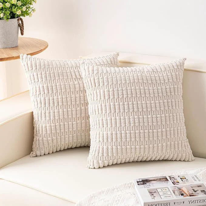 Selected Aegero Pack of 2 Corduroy Decorative Throw Pillow Covers 24×24 InchSoft Striped Refined
