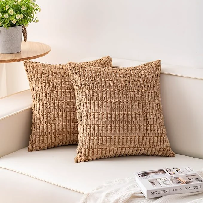 Superior Aegero Pack of 2 Corduroy Decorative Throw Pillow Covers 24×24 InchSoft Striped Luxury