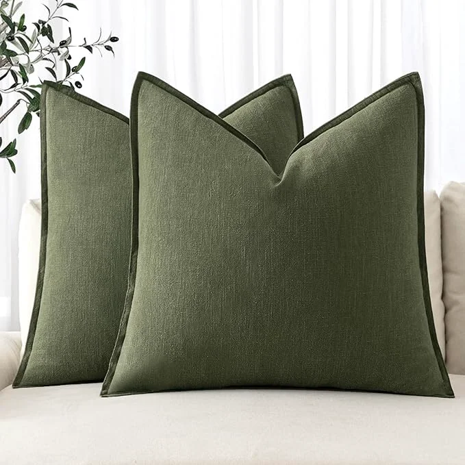 Environmentally Friendly MIULEE Decorative Linen Pillow Covers 20×20 Inch Dark Olive Green Boho Crafted