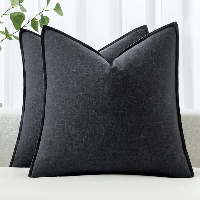 Breathable MIULEE Decorative Linen Euro Sham Pillow Covers 22×22 Inch Dark Gray Boho Natural
