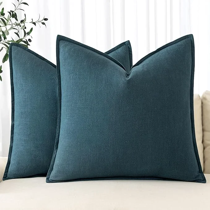 Efficient MIULEE Decorative Linen Euro Sham Pillow Covers 24×24 Blue Boho Farmhouse Crafted