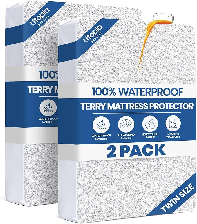 Fast Twin Size Mattress Protector Waterproof 2 Pack Premium 200 GSM Terry Mattress Organic